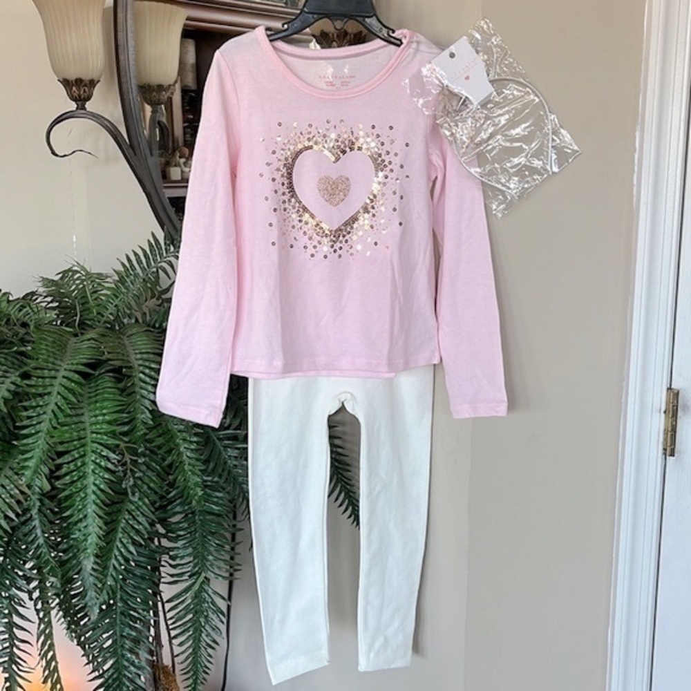 Brand New Lulurain Pink Long Sleeve Shirt Gold Sequins Cream Leggings & Headband
